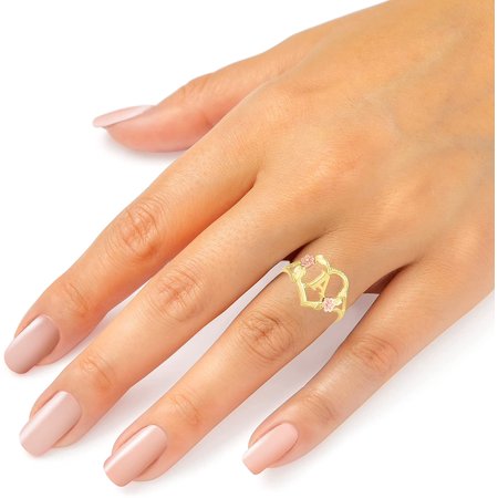 Floreo 10k Yellow Gold A-Z Letter Initial Ring with Heart and Rose Gold Flower Design, Sizes 4-9