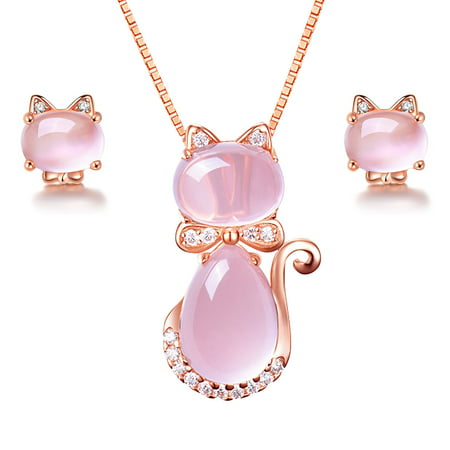 Uloveido Cute Cat Shape Light Pink Crystal Jewelry Set for Women, Studs Earrings and Pendant Necklace for Teen Girls Y404Pendant and Earrings Set,