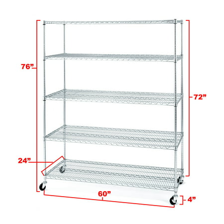 Seville Classics 60"W x 24"L x 72"H 5-Shelf Steel Wire Freestanding Shelves, Silver