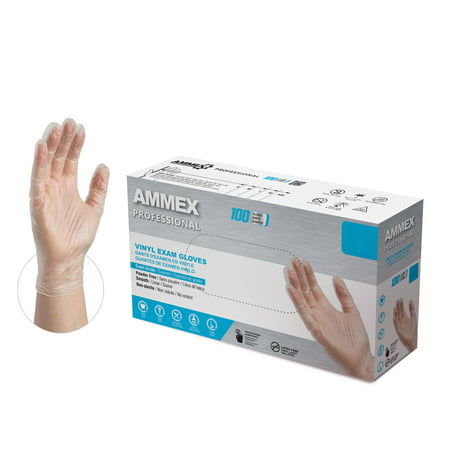 AMMEX Vinyl, Latex Free, Powder Free, Medical Disposable Gloves, Medium, Clear, 100/Box, M