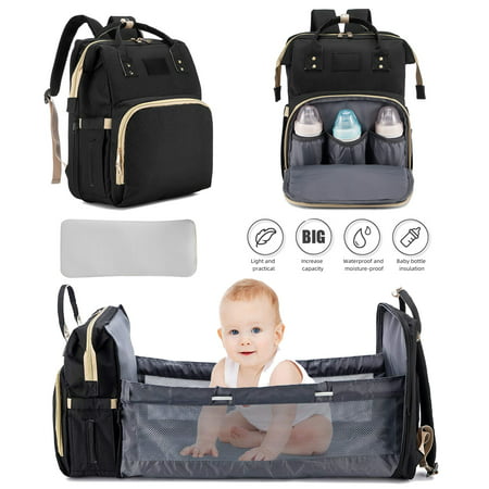 3 in 1 Diaper Bag Backpack Travel Bassinet Portable Baby Bed, Baby Diaper Bag with Changing Station, Foldable Baby Crib with Changing Pad (Black,Grey)Black,