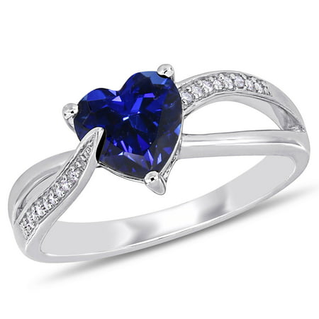 Miabella Women's 1-7/8 Carat T.G.W. Heart-Shape Created Blue Sapphire and 0.05 Carat Round-Cut Diamond Accent Sterling Silver Heart Split-Shank Ring, Sapphire, 5