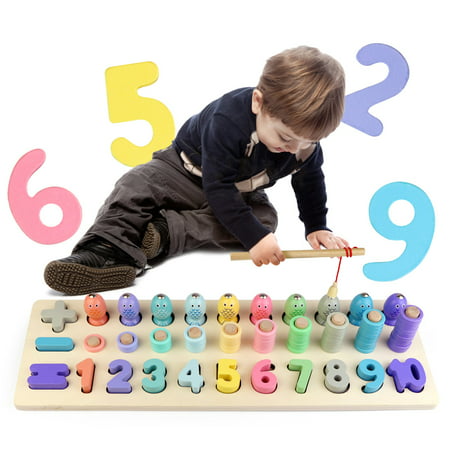 Wooden Montessori Math Puzzle Toys for Toddlers, Girls, and Boys, Shape Sorter Game for Age 2 to 5, 4 In 1 Educational Learning Toys for Fishing, Counting, Sorting & Stacking, Best Gift for Kids