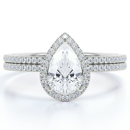 1.5 carat pear cut Moissanite and Diamond Halo pave Bridal Wedding Ring Set in 10k White Gold