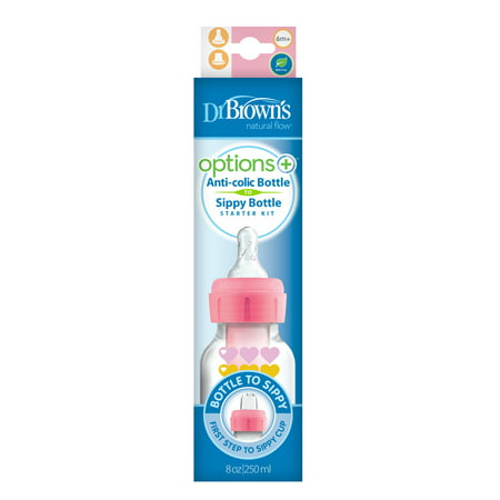 Dr. Brown's Options+ Anti-Colic Baby Bottle to Sippy Bottle Starter Kit - Pink - 8oz - 6m+, 1-Pack, Pink Hearts