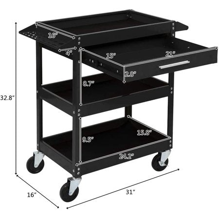 TUFFIOM 3 Tier Rolling Tool Cart with Drawer, 330 LBS Capacity Industrial Steel Service Utility Cart Tool Organizer, Black