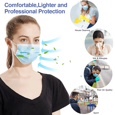 100 Pack USA Made Disposable Face Masks Blue, 3 Ply Breathable Protection Mask