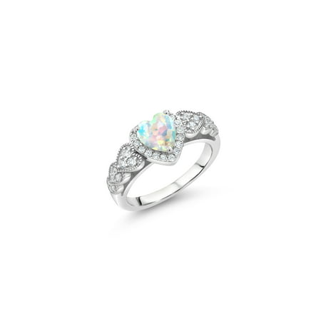 Gem Stone King 925 Sterling Silver White Simulated Opal Women Ring (1.18 Ct Heart Shape 6MM, Available in Size 5, 6, 7, 8, 9)