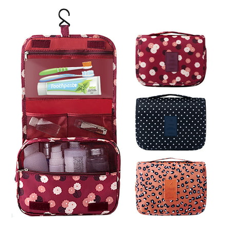 Portable Travel Toiletry Bag Travel Home Organizer Carry Cosmetic Makeup Bag, Wash Organizer Storage Handbag Pouch BagWine Red & Flower,