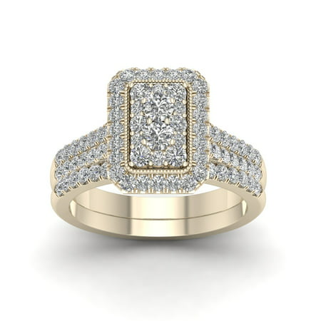 1Ct TDW Diamond 14K Yellow Gold Cluster Halo Bridal Ring Set, Yellow, 6