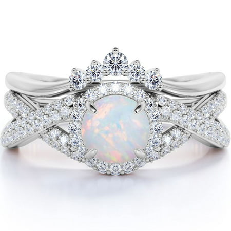 1.25 Vintage Round Blue Fire Opal and Moissanite Wedding Ring Set in 18K White Gold over SilverWhite,