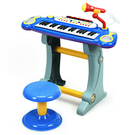 Gymax 37 Key Electronic Keyboard - Toy Piano with MP3 Input, Microphone & Stool Blue