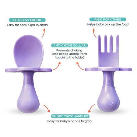 Grabease Baby and Toddler Self-Feeding Utensils ? Spoon and Fork Set for Baby-Led Weaning ? Made of Non-Toxic Plastic ? Featuring Protective Barriers to Prevent Choking and GaggingLavender,