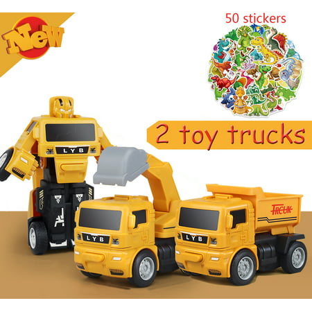 Construction Toys for 1 2 3 4 5 6 Year Old Boys, Transform Robot Kids Toys, Friction Powered Toy Trucks Vehicles Toddler Toys Cars Gifts for Boys Kids Aged 3(2 Toy Cars + 50 Dinosaur Stickers)