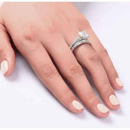 1.50 Carat Princess Cut Moissanite Wedding Set - Bridal Set - Channel Set Ring - Handmade Ring - 18k White Gold Over Silver