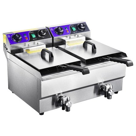 Commercial Electric Deep Fryer 23.4L 2 Tanks Fryer with Timer and Drain Stainless Steel French Fry Wings