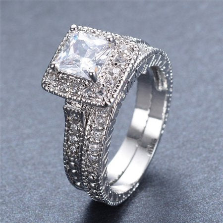 1.50 Carat Princess Cut Moissanite Wedding Set - Bridal Set - Milgrain Ring - Vintage Ring - Halo Ring - 18k White Gold Over SilverWhite,