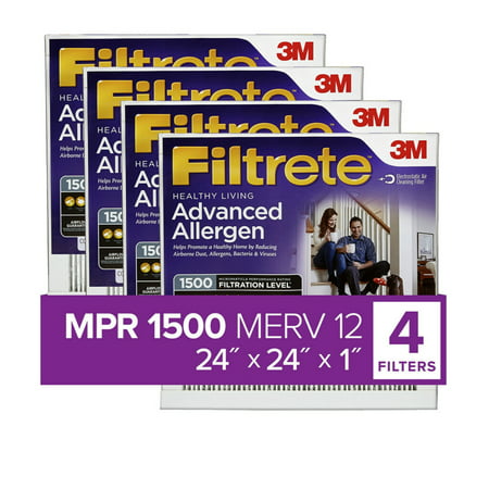Filtrete by 3M, 24x24x1, MERV 12, Advanced Allergen Reduction HVAC Furnace Air Filter, Captures Allergens, Bacteria, Viruses, 1500 MPR, 4 Filters