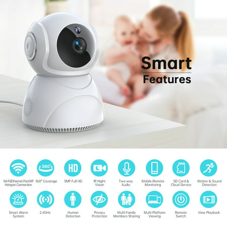 Baby Monitor, 360?Wireless Smart Video Baby Camera, 3MP HD Home Security Camera with Two-Way Talk, WiFi Nanny IP Cam w/Safety Alerts, IR Night Vision, Motion & Sound Detection, Cloud & SD Card Storage