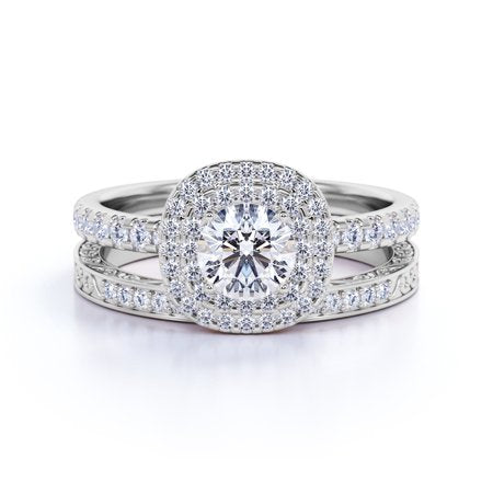 1.25 ct - Round Genuine - Diamond - Double Halo - Pave Accents - Vintage Wedding Ring Set - 10K White Gold, White Gold, 7