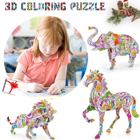 Protoiya 3d Coloring Puzzle Set 4pcs Animals Puzzles Lion Dinosaur Horse Elephant with 12 Pen Markers 3d Puzzle Arts and Crafts for Kids
