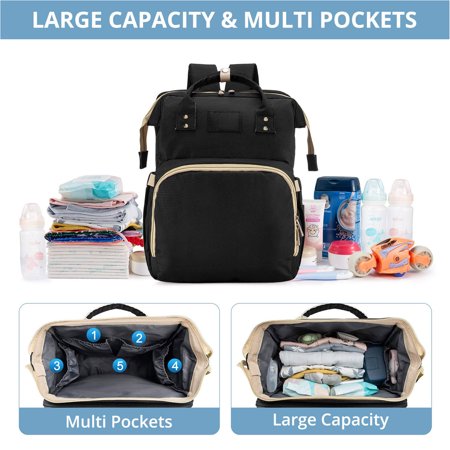 Diaper Bag for Boys Girl, Multifunctional Baby Diaper Bag with Changing Station, Large Capacity Travel Diaper Bag with Insulated Milk Bottle Pocket & Foldable Crib,Waterproof Baby Bags for Boys,BlackBlack,