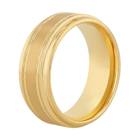 Men's Gold-Tone Tungsten Grooved Step Edge 9MM Wedding Band - Men's Ring
