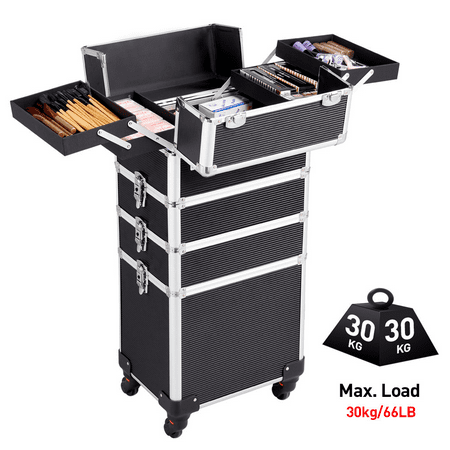 Topeakmart 4 in 1 Aluminum Rolling Cosmetic Makeup Train Cases Trolley, BlackBlack,