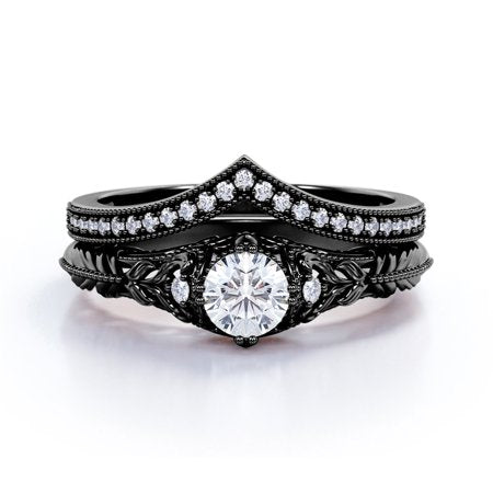 Engraved .68 Carat Round Cut Real Diamond Victorian-Inspired Wedding Ring Set with Chevron Wedding Band in 10k Black Gold