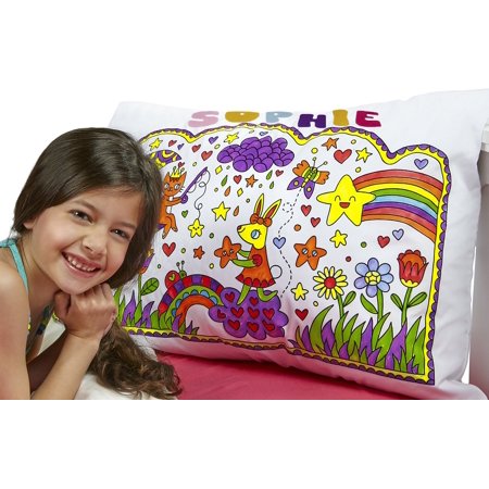 Let?s Create Color Your Own Pillowcase Craft Kit for Kids, Colorable Pillow Case with 6 Non-Toxic Markers and 35 Self-Adhesive Letters ? Coloring Pillowcase Kids Arts and Crafts Set (Moon Cat)