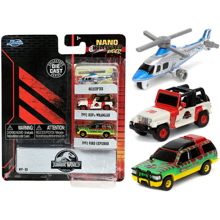 Jada Toys 31955 Jurassic World Nano Hollywood Rides Scale Diecast Models Helicopter Vehicle Playset (3 Pieces)Multicolor,