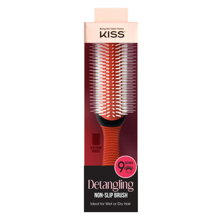 KISS 9-Row Non-Slip Travel Size 8.25" Round Detangling Cushion Hair Brush, Red