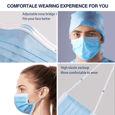 100 Pack USA Made Blue Disposable Face Masks 3 Ply for Protection, Elastic Ear Loop Filter Mask for Aldult