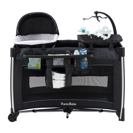 Pamo Babe Deluxe Playard, Foldable Nursery Center Playard with Changing Table for Unisex Baby (Black)Black,
