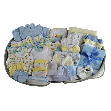 62 pc Baby Boys Clothing Starter Set with All-in-one Portable Bassinet Foldable Baby Bed, Travel Crib Infant and Diaper Bag Changing Station, Blue