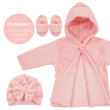 Baby Robe - Soft Plush Bath Towel Robe Spa Set - Baby Bathrobe Towel & Slippers for Boys + Turban for Girls Robe Set (Pink, 0-9 Months), Pink, 0-9 Months