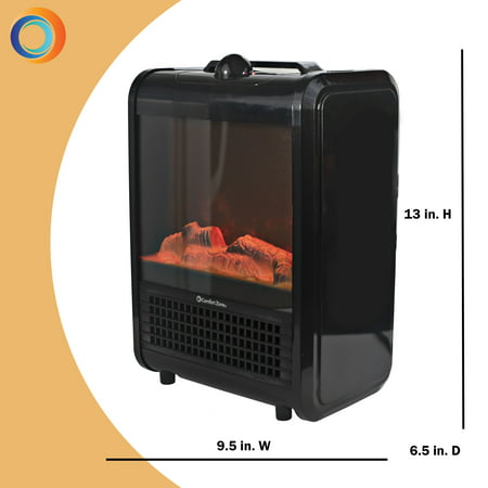 Comfort Zone 1200W Ceramic Electric Fireplace Heater, Black, Black