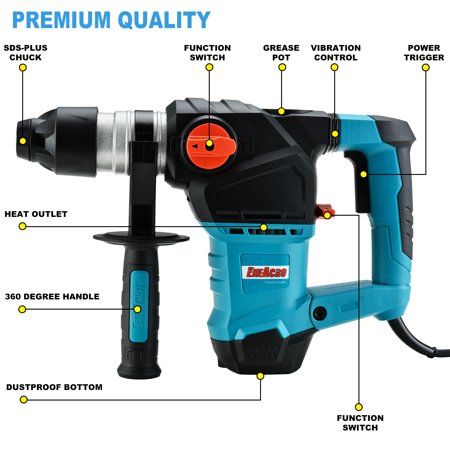 ENEACRO 1-1/4 Inch SDS-Plus 12.5 Amp Rotary Hammer Dril,Safety Clutch 3 Functions with Vibration Control Including Grease,Chisels and Drill Bits with Case