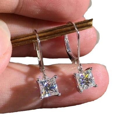 Besufy Women Earring,Princess Cut Cubic Zirconia Dangle Leverback Earrings Jewelry Gift Silver, Silver, S