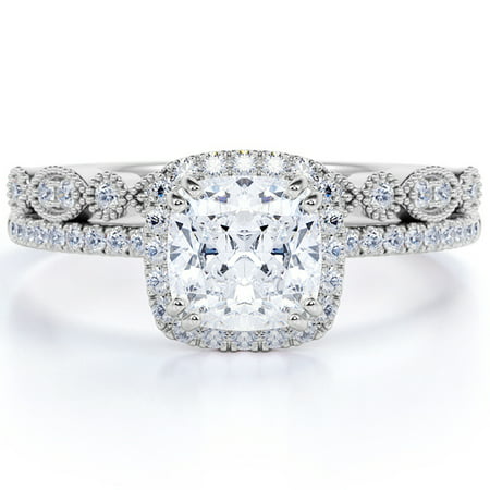 1.5 Carat cushion cut Moissanite and Diamond Halo Vintage Bridal Wedding Ring Set in 10k White Gold