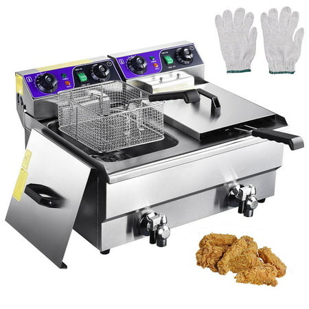 Commercial Electric Deep Fryer 23.4L 2 Tanks Fryer with Timer and Drain Stainless Steel French Fry Wings