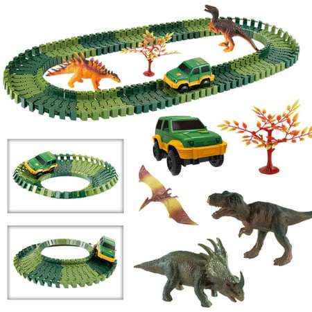 Dinosaur Track Toy, 144Pcs Dinosaur Toys Race Car Flexible Track Sets for Kids & Toddlers, Dinosaurs Cars Vehicle Playset Toys Set for Christmas & Birthday Gift