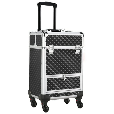 Topeakmart Rolling Aluminum Makeup Train Case Cosmetic Trolley with 4 Side Trays & 1 Slide-out Drawer, BlackBlack,