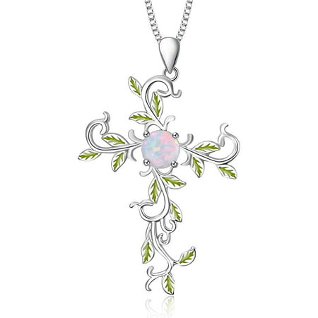 AOBOCO Sterling Silver Cross Necklace for Women, Opal Necklace Flower Jewelry GiftSilver,
