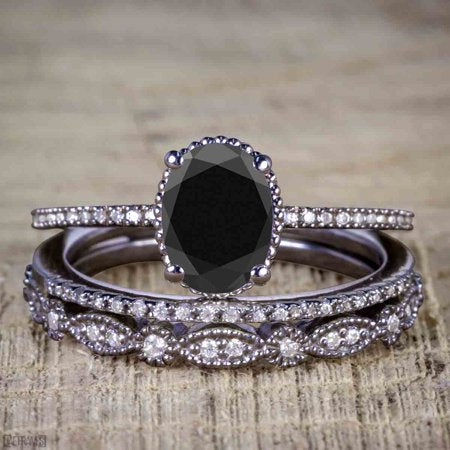 2 Carat Oval Lab Created Black Diamond Engagement Ring with 2pcs Pave Ring Band in 10k Black Gold
