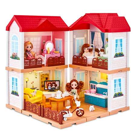 UNIH Dollhouse for 3 4 5 6 7 Year Old Girls, Princess Dream House Toys with Furniture Lights and Music