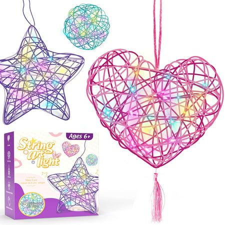 Seckton Arts and Crafts for Kids Ages 6-12, 3 Pack 3D String Art Kit for Girls,Christmas Birthday Gifts for 8 9 10 11 12 Year Old Girls and Boys Heart Star Round Lantern 20 Multi-Colored LED Bulbs