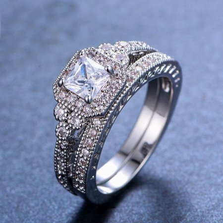1 Carat Princess Cut Moissanite Wedding Set - Bridal Set - Antique Ring - Cluster Ring - 18k White Gold Over Silver, 7