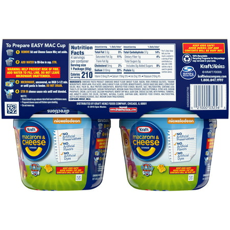 Kraft Mac N Cheese Macaroni and Cheese Cups Easy Microwavable Dinner with Nickelodeon Paw Patrol Pasta Shapes, 4 ct Pack, 1.9 oz Cups