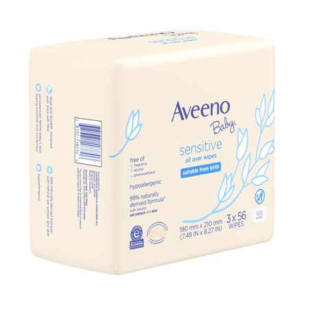 Aveeno Baby Sensitive All Over Aloe Baby Wipes, 3 Resaleable Packs (168 Total Wipes)